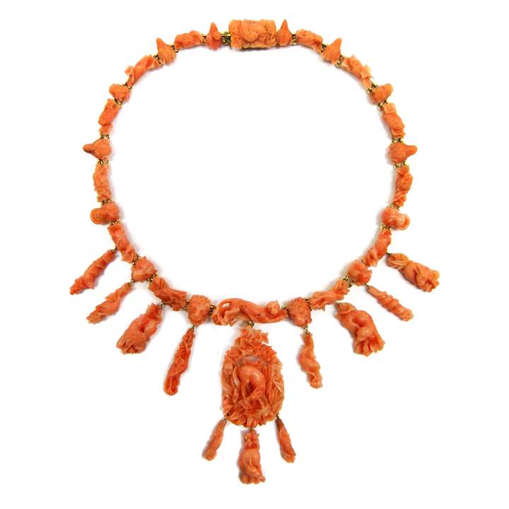 19th century carved orange corallium rubrum fringe necklace, probably Italian